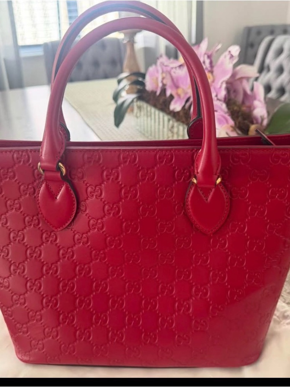 Gucci Red Embossed GG Tote with Gold Accents
